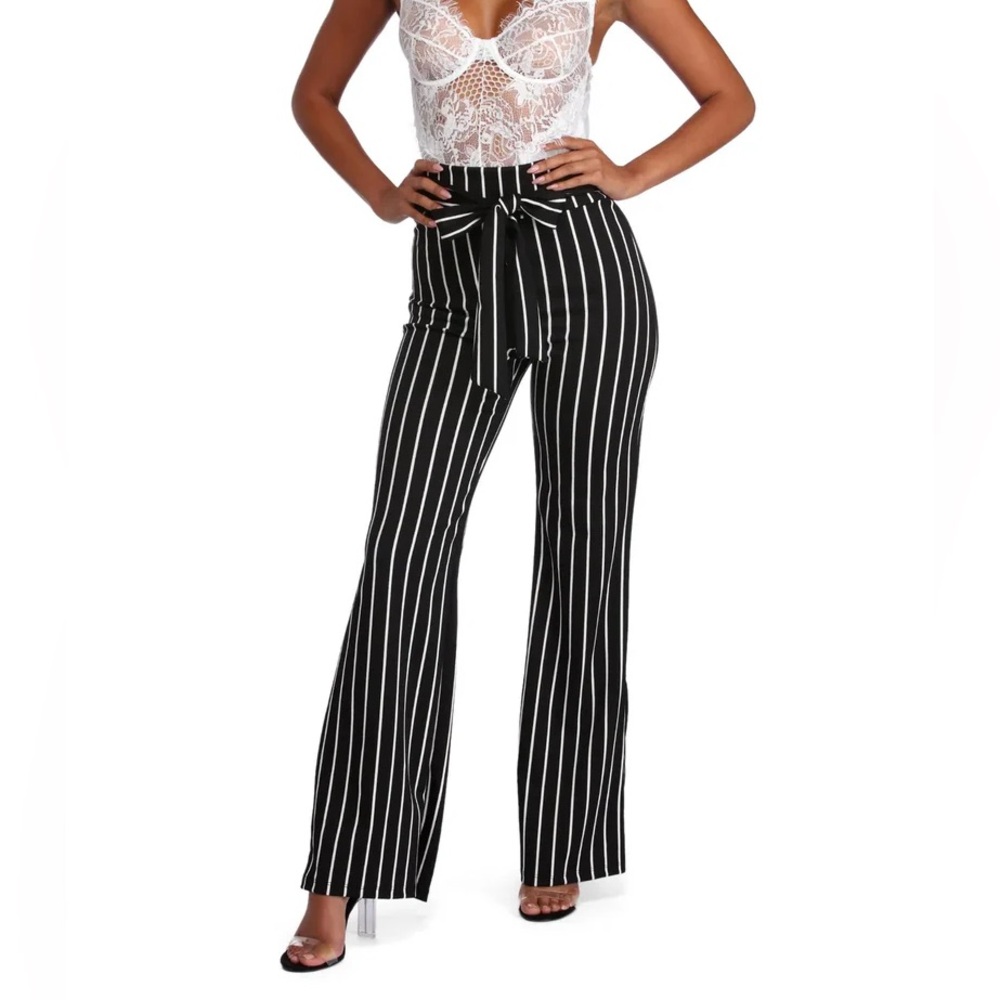 ✅ Black and White Striped Pants with Tie-Waist  Large